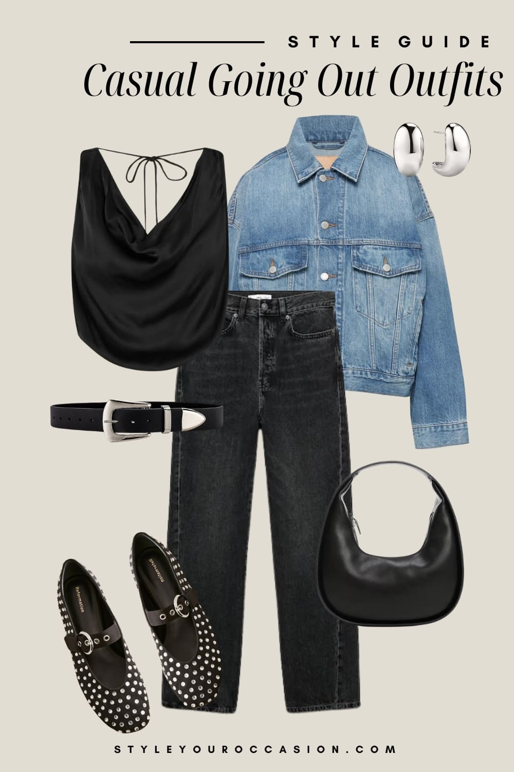 Outfit styling graphic with black jeans, a black silk top, a light wash denim jacket, black accessories and black studded ballet flats.