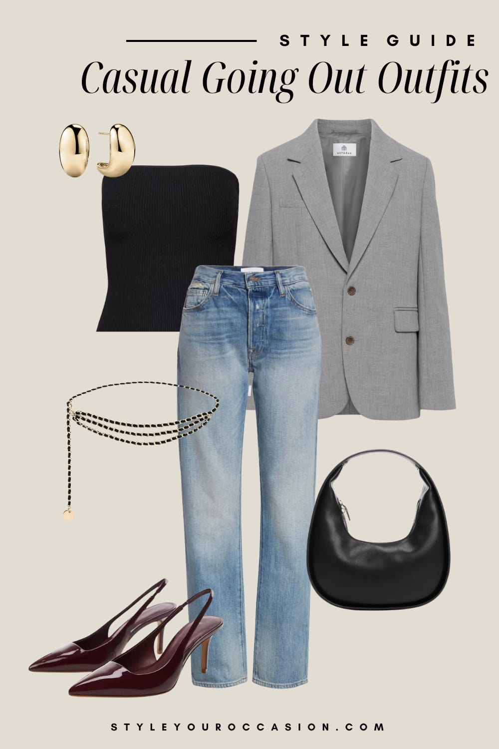 Outfit styling graphic of light wash straight jeans, a black tube top, a grey blazer, maroon slingback heels and a black purse with gold jewelry.