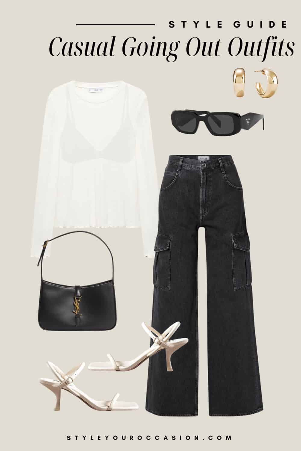 Outfit styling graphic of black wide leg cargo pants, a white sheet top with a bra underneath, white strappy heels and black accessories.
