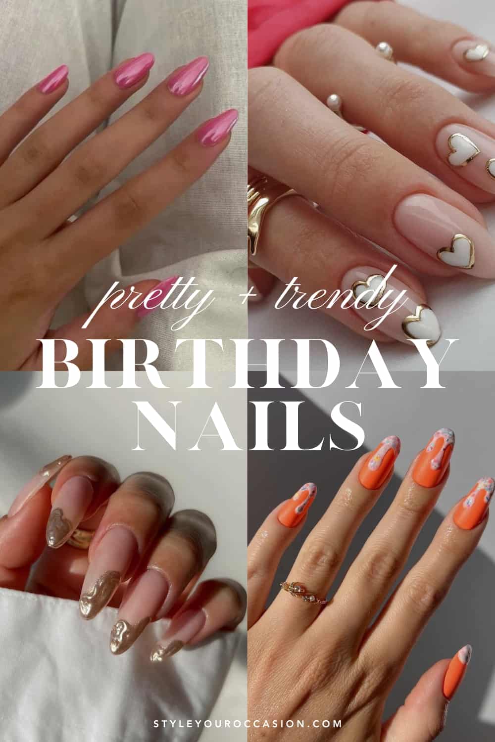 collage of four hands with pretty birthday nails designs with glitter, hearts, and sprinkles