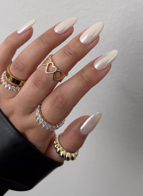 Long almond nails with a white chrome