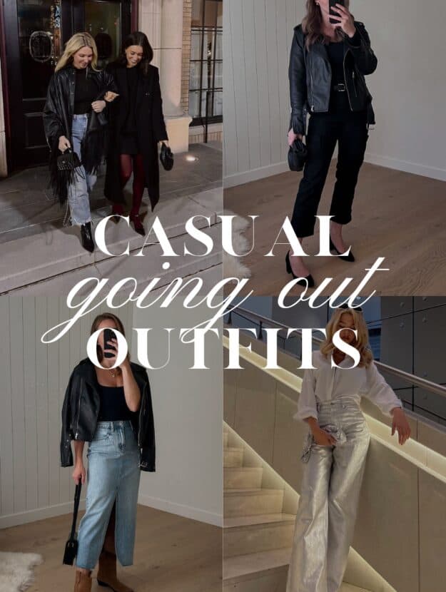 collage of four women wearing casual going out outfits with jeans, midi skirts, and heels