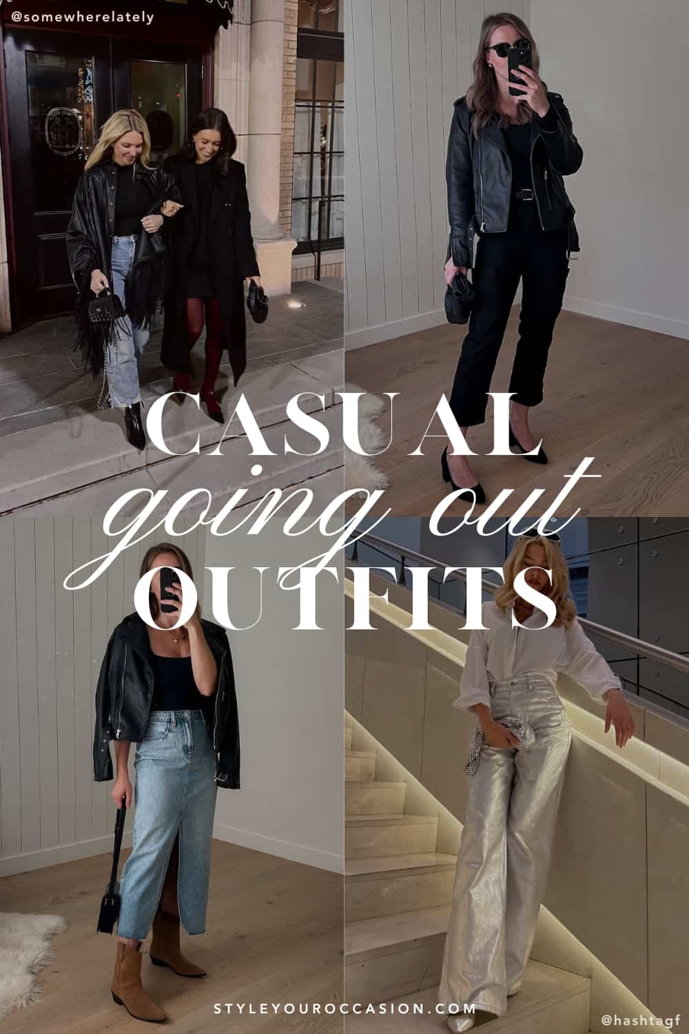 collage of four women wearing casual going out outfits with jeans, midi skirts, and heels