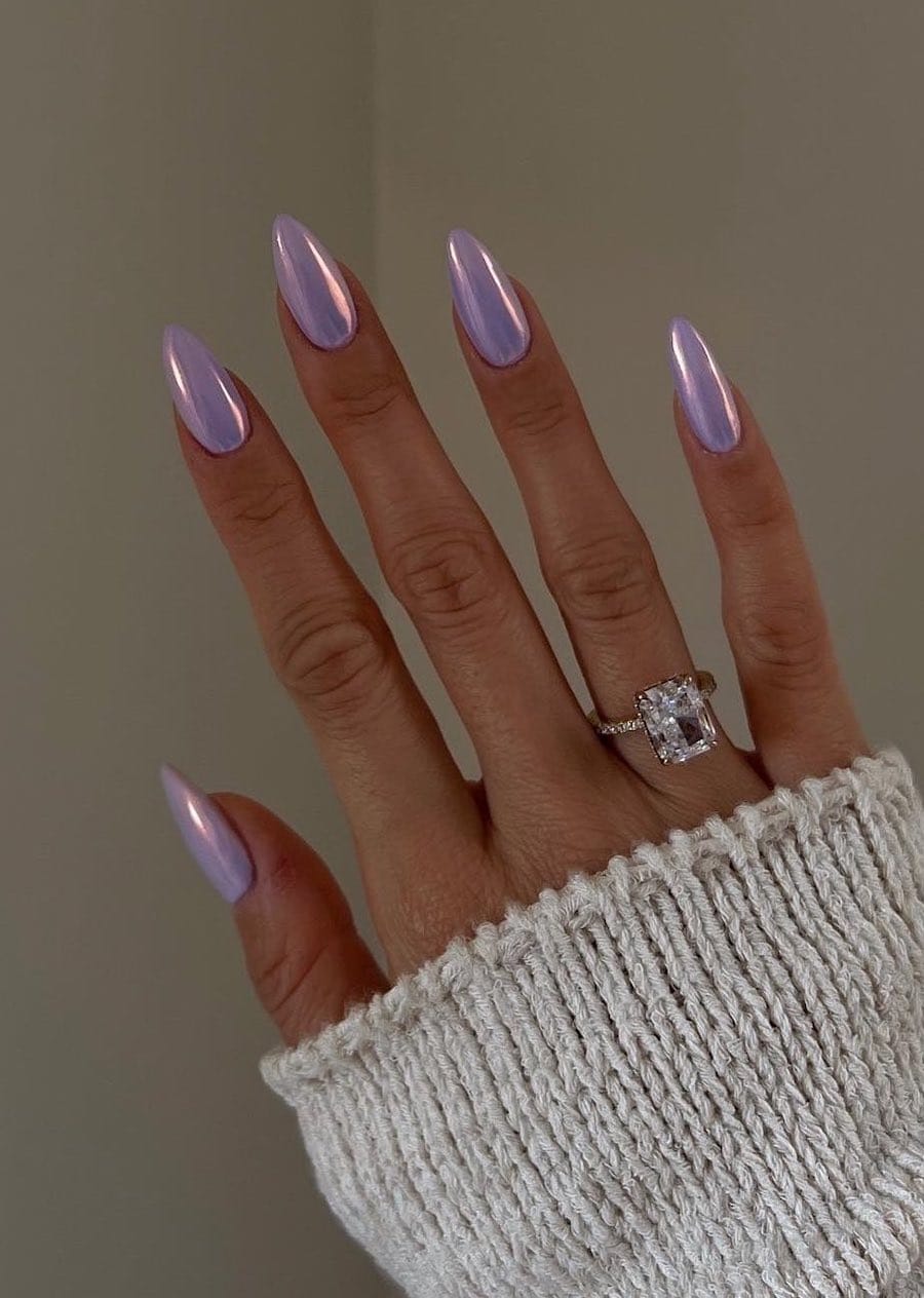 Long light purple chrome almond nails