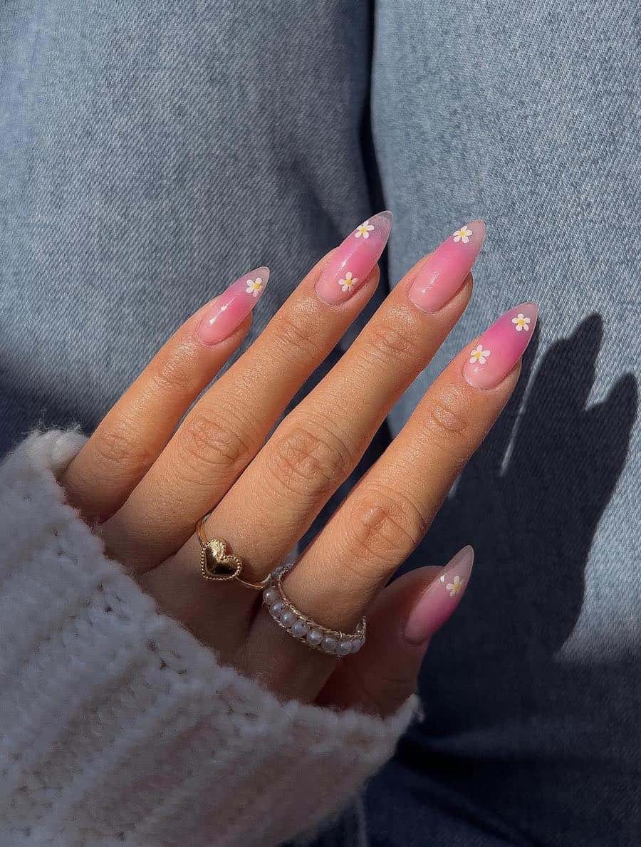 Long jelly pink almond nails with white flowers