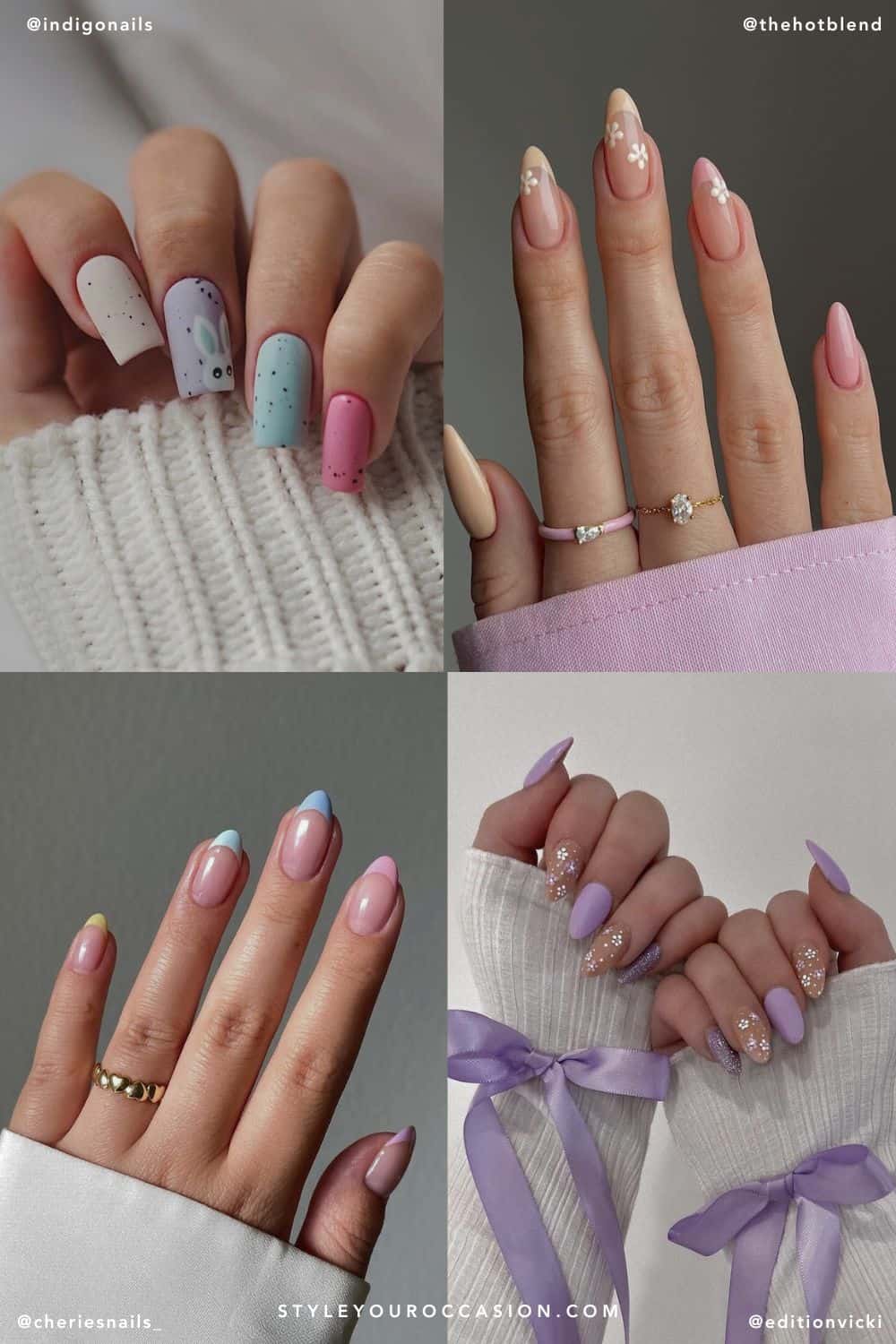 collage of four images of hands with easter nail designs
