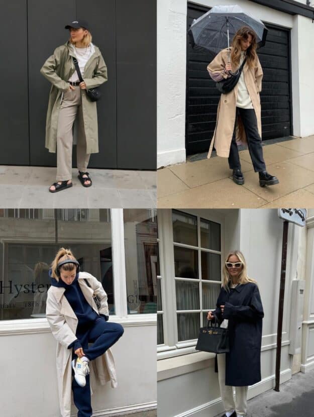 collage of four women wearing stylish neutral rainy day outfits with trench coats