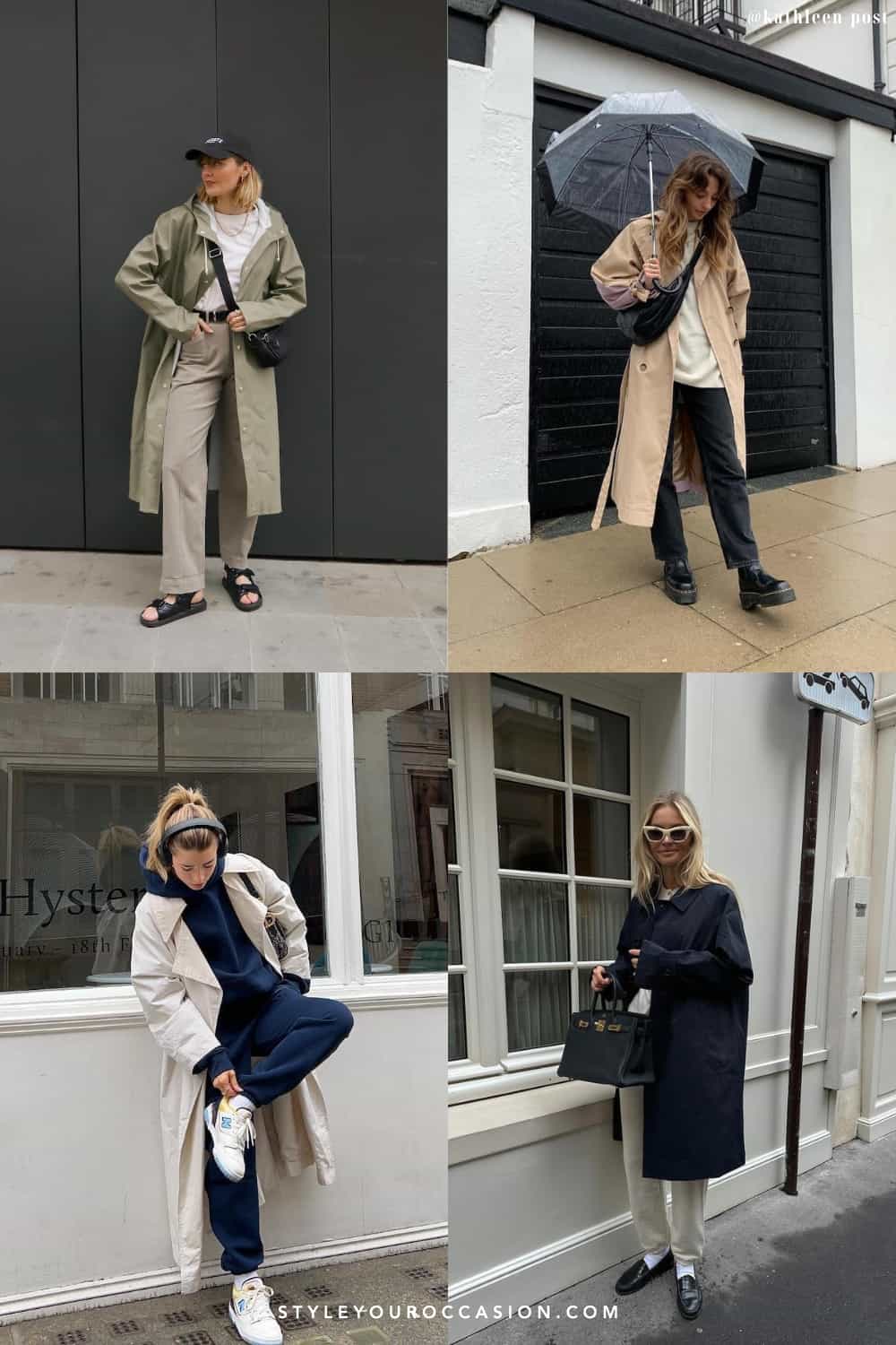 collage of four women wearing stylish neutral rainy day outfits with trench coats 