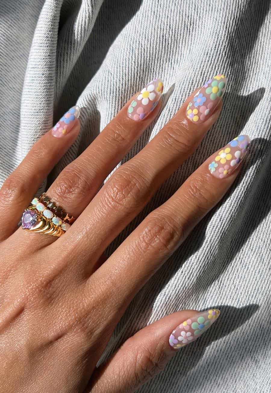 Long nude almond nails with pastel retro-style floral art