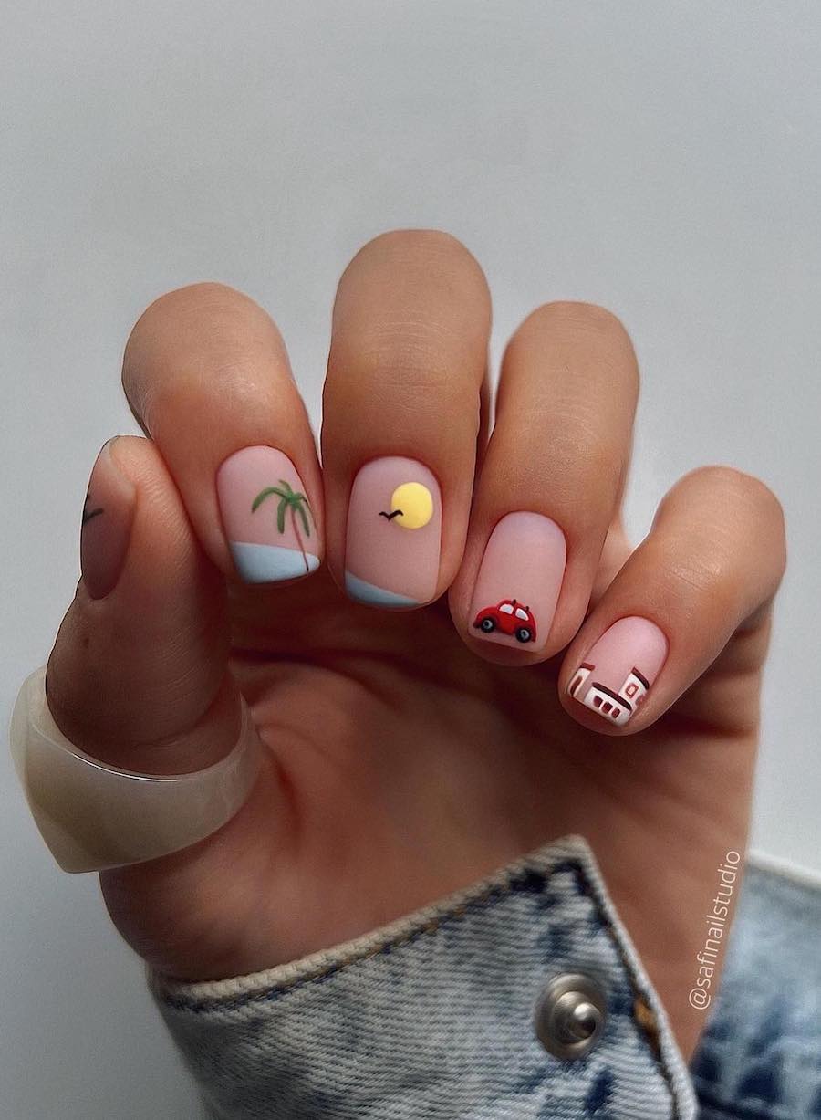 Short matte nude square nails with minimalist colorful beach themed nail art