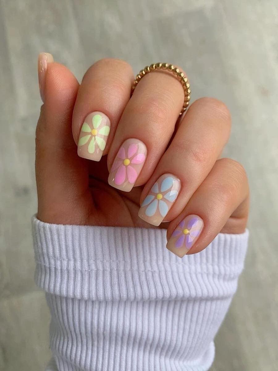 Short beige square nails with pastel retro flowers
