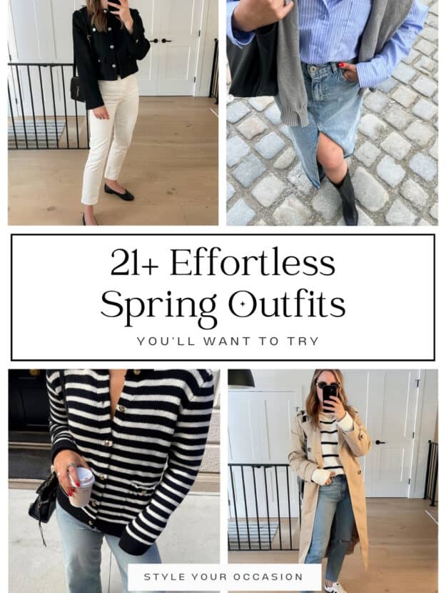 collage of four women wearing spring outfits with neutral color palettes