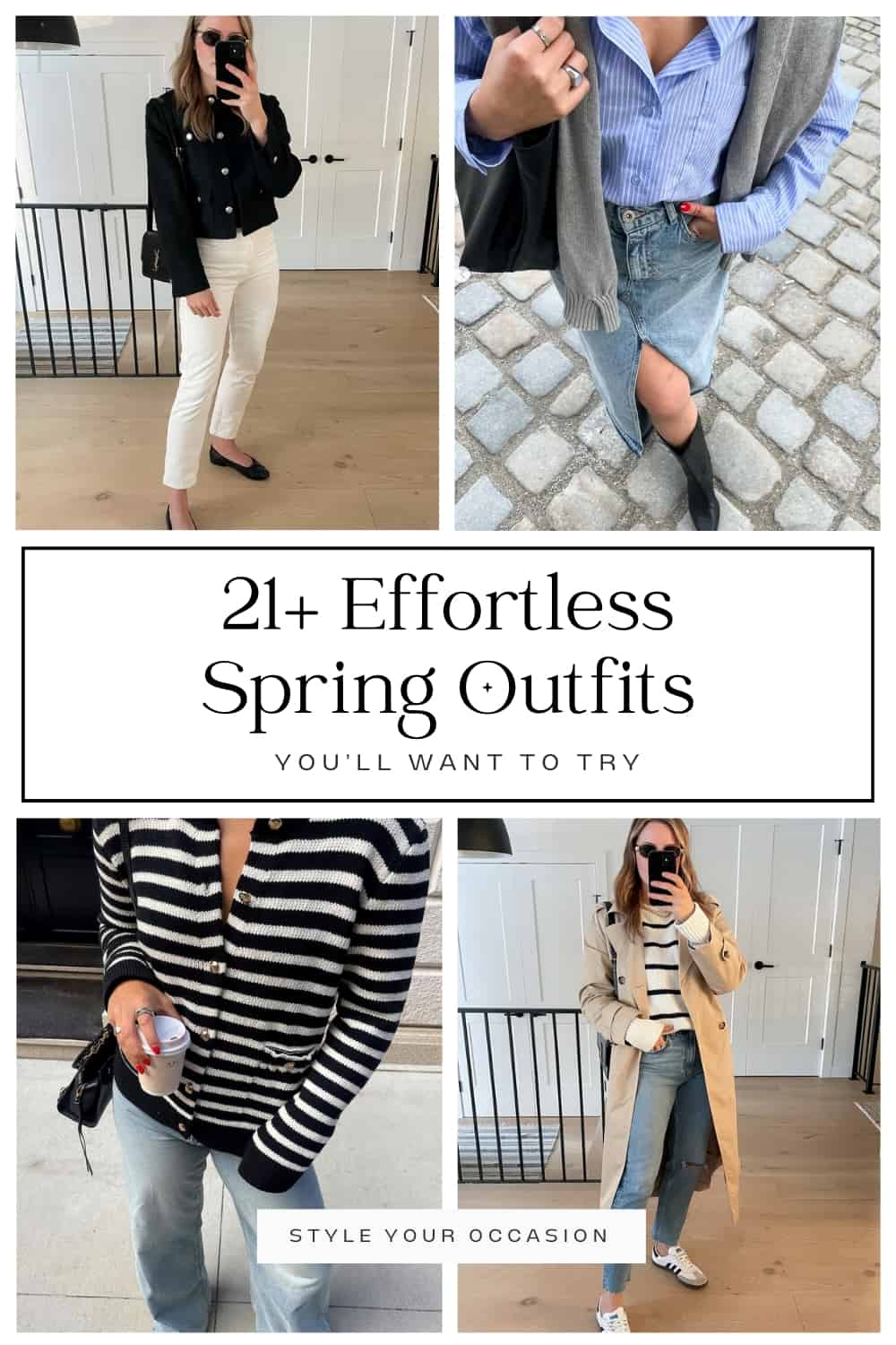 collage of four women wearing spring outfits with neutral color palettes 