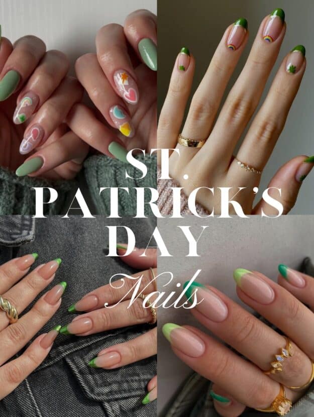 collage of four hands with simple St. Patricks day nails designs