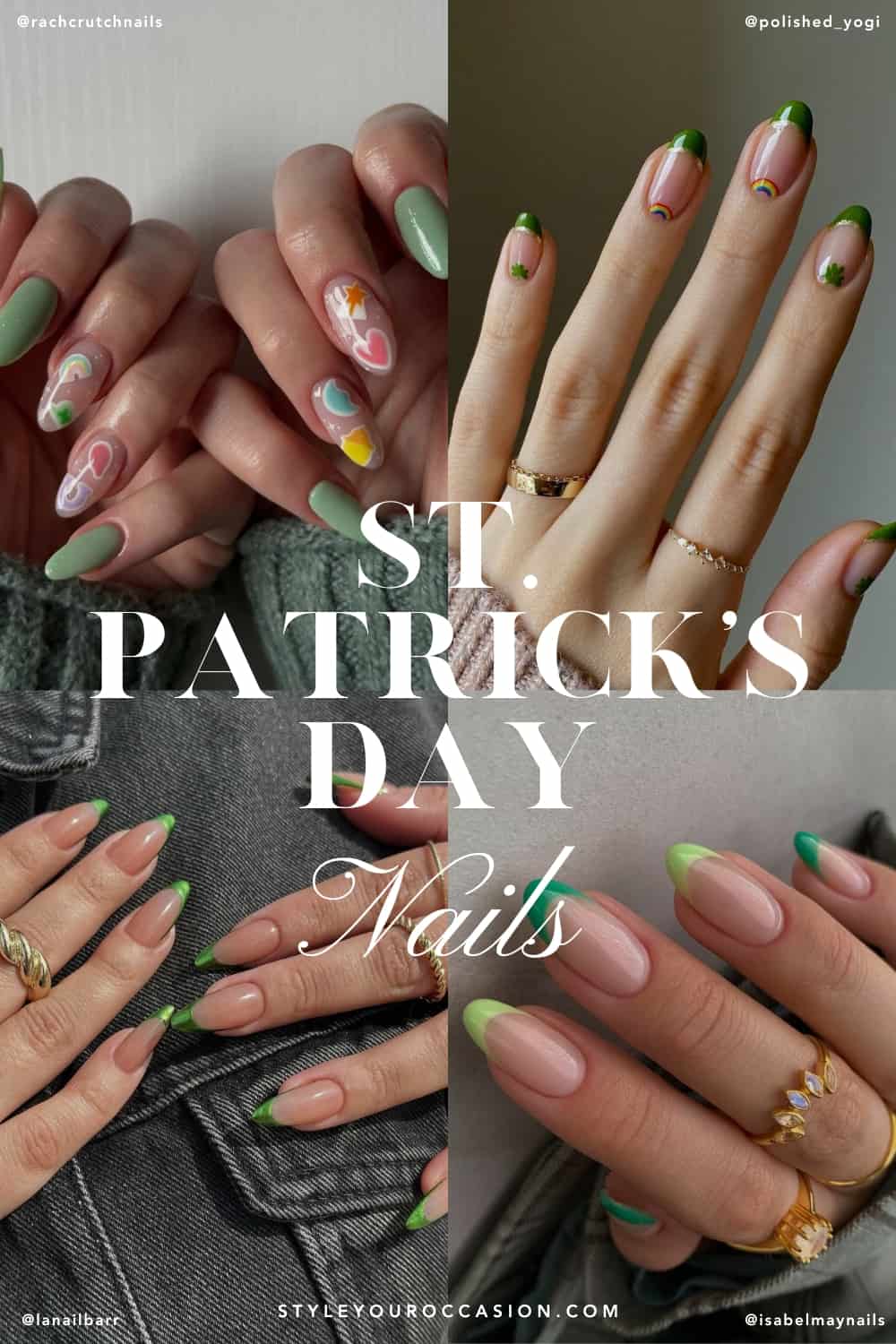 collage of four hands with simple St. Patricks day nails designs