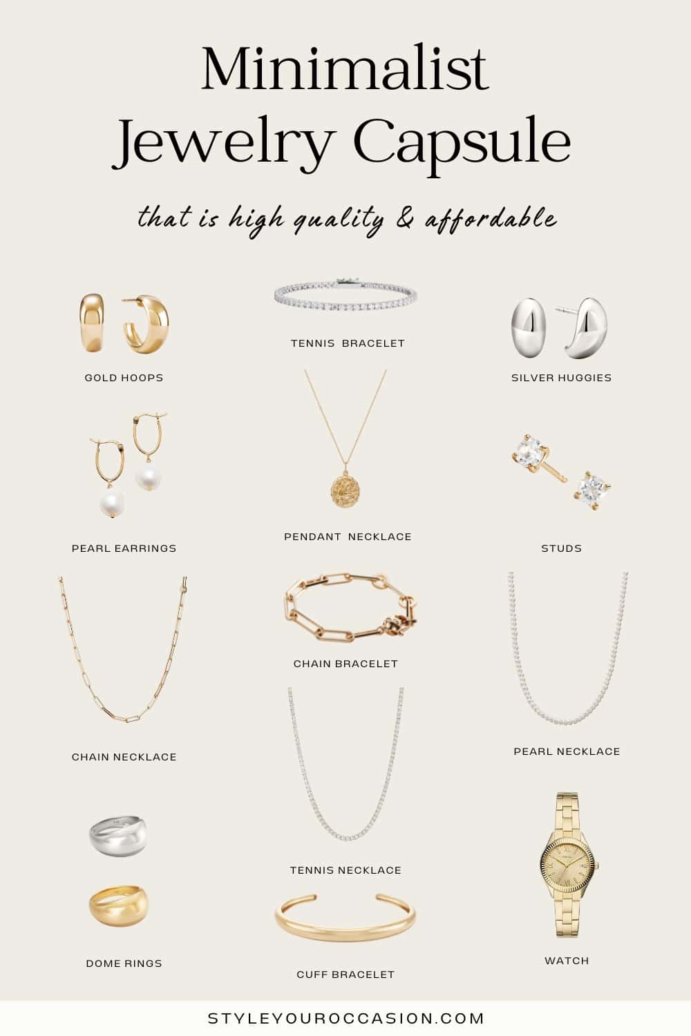 An image board of a minimalist jewelry capsule with high-quality and affordable pieces
