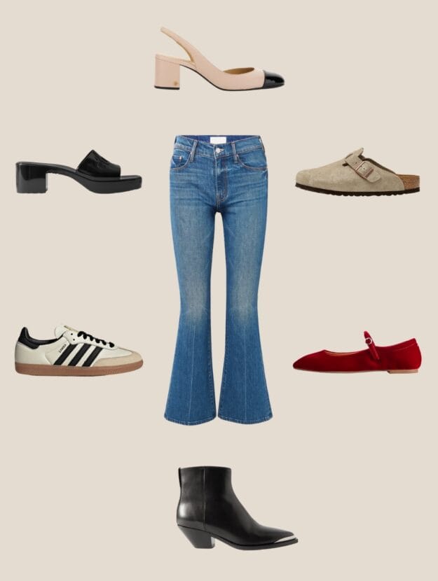 graphic with a pair of blue flared jeans surrounded by six different styles of shoes