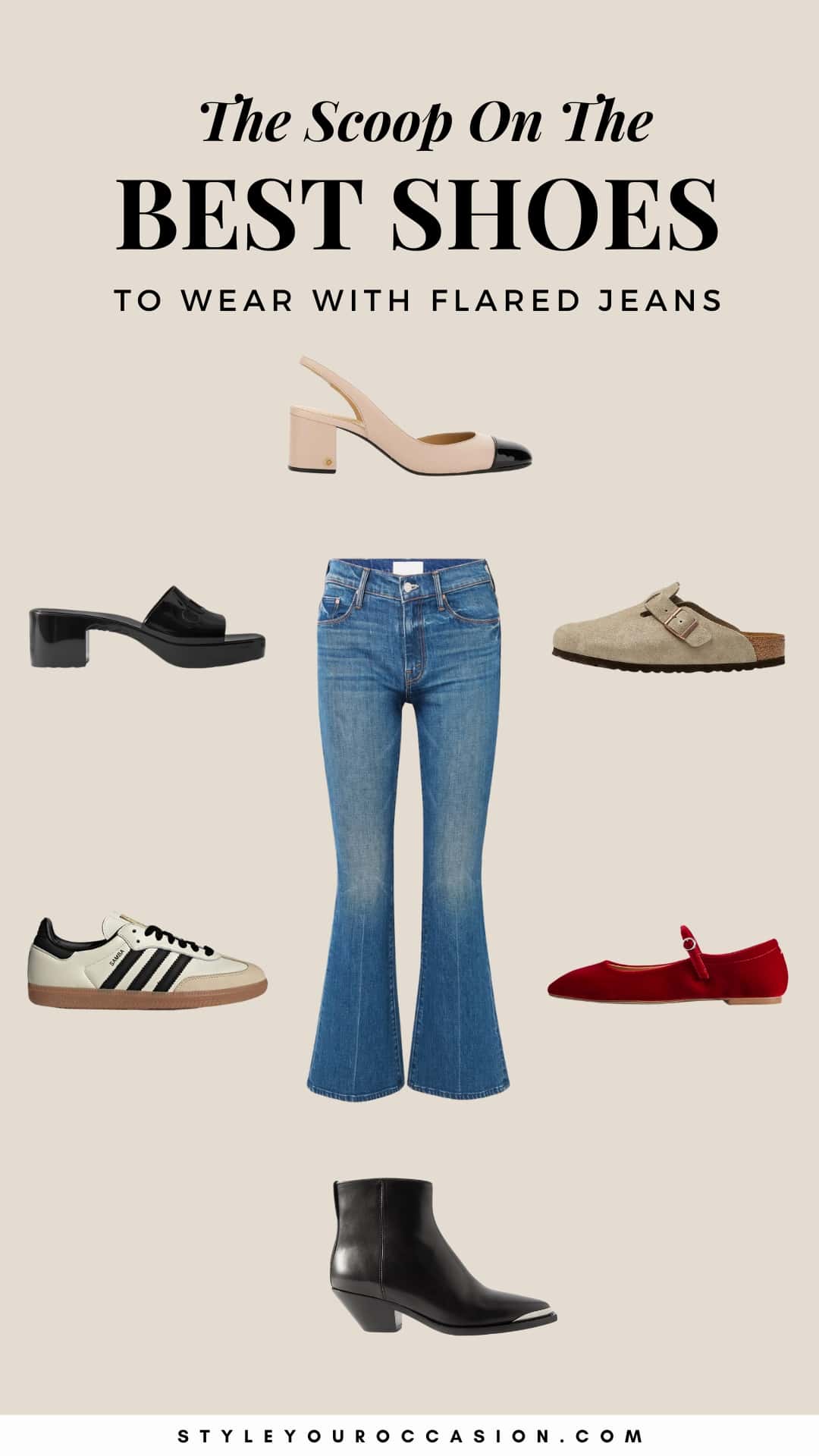 graphic with a pair of blue flared jeans surrounded by six different styles of shoes