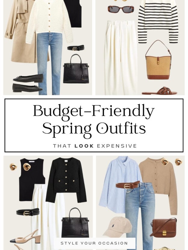 collage of four budget-friendly neutral spring outfits that look expensive