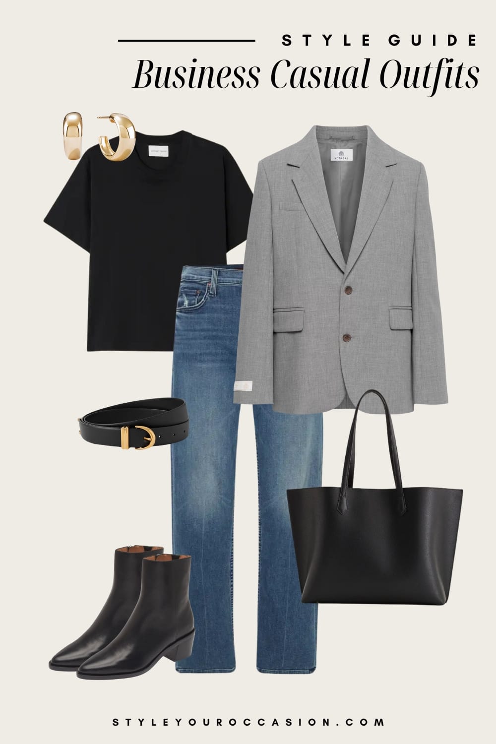 an image board of a business casual outfit featuring blue jeans, a black tee, a light grey blazer, black ankle boots, and black and gold accessories