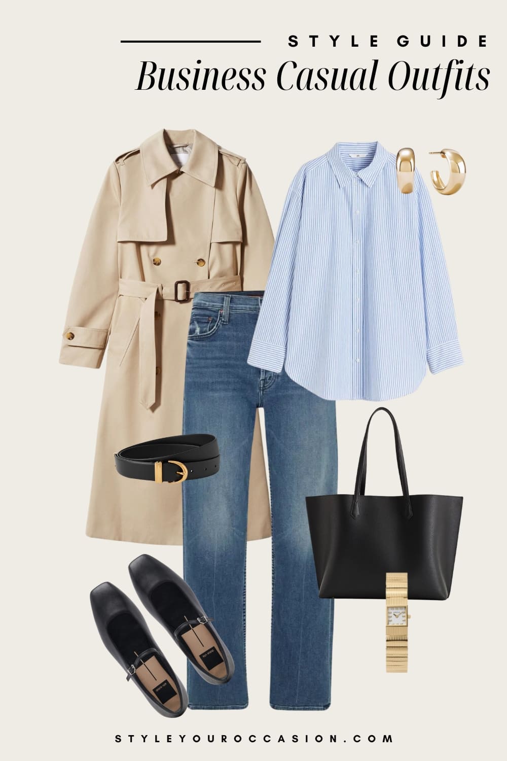an image board of a business casual outfit featuring blue jeans, a light blue striped button-up, a classic trench coat, black Mary Jane flats, and black and gold accessories