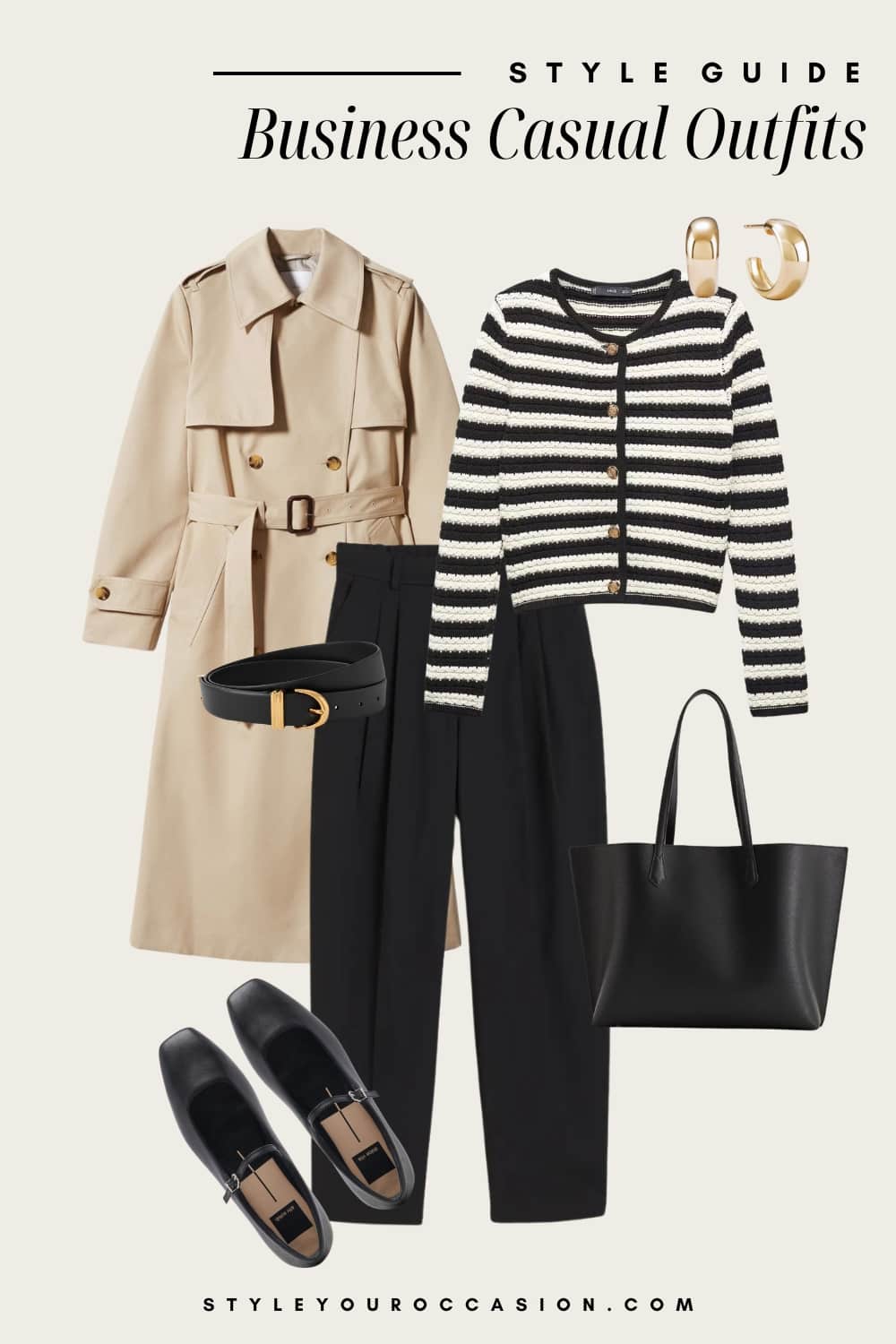 an image board of a business casual outfit featuring black pleated trousers, a striped cardigan, a beige trench coat, black Mary Jane flats and black and gold accessories