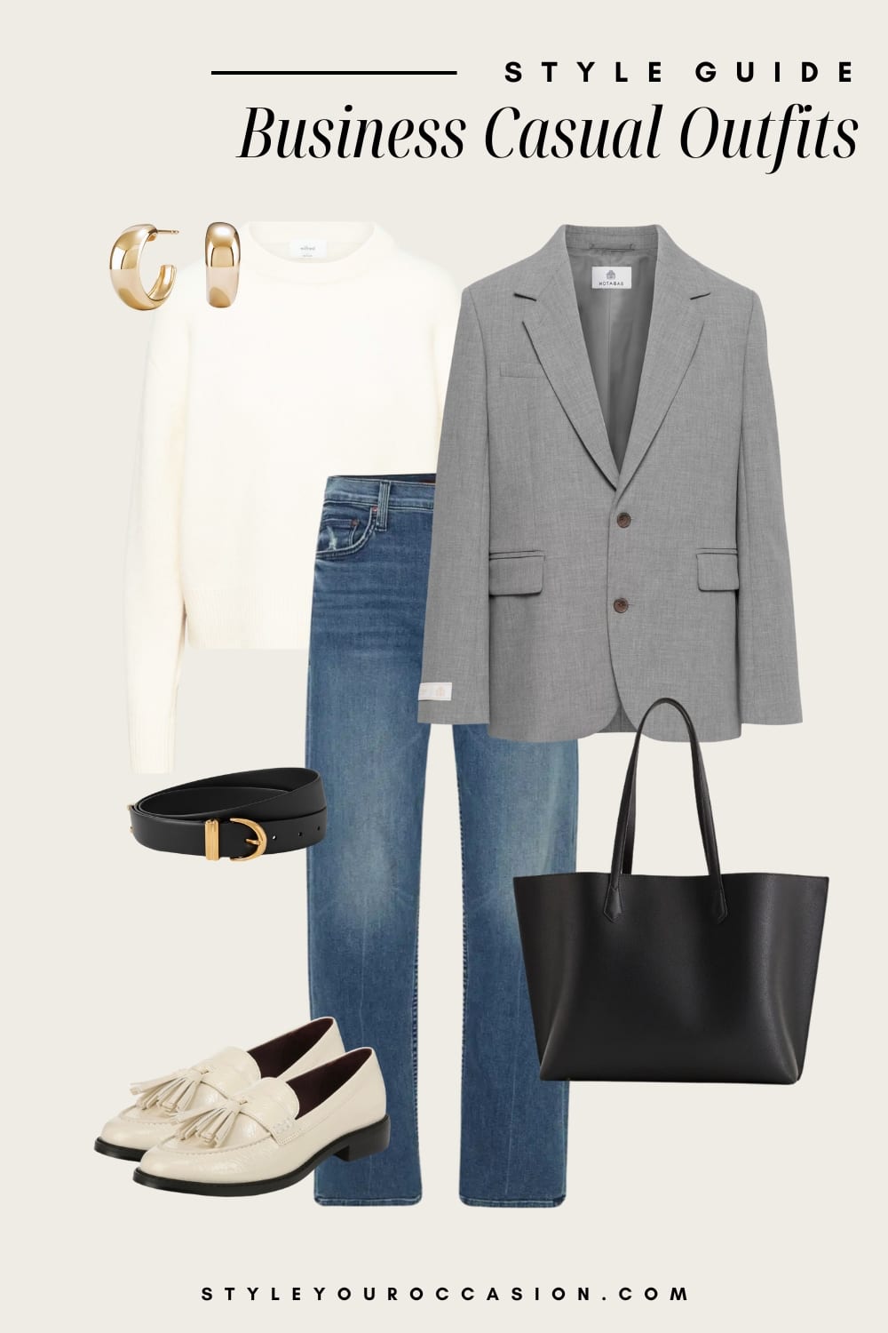 an image board of a business casual outfit featuring blue jeans, a white crewneck sweater, a light grey blazer, cream loafers with fringe details, and black and gold accessories
