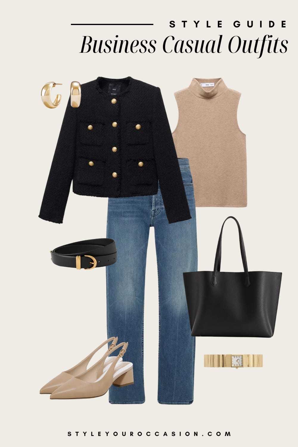 an image board of a business casual outfit featuring blue jeans, a camel turtleneck tee, a black lady jacket, beige slingback heels, and black and gold accessories