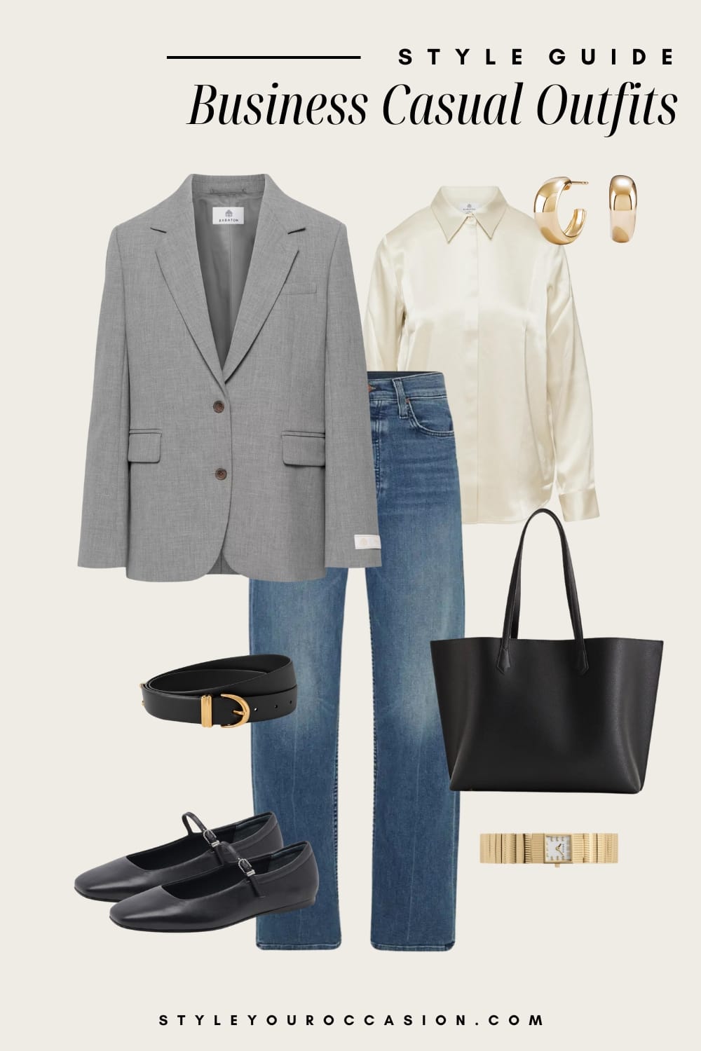 an image board of a business casual outfit featuring blue jeans, a silk cream button-up, a light grey blazer, black Mary Jane flats, and black and gold accessories