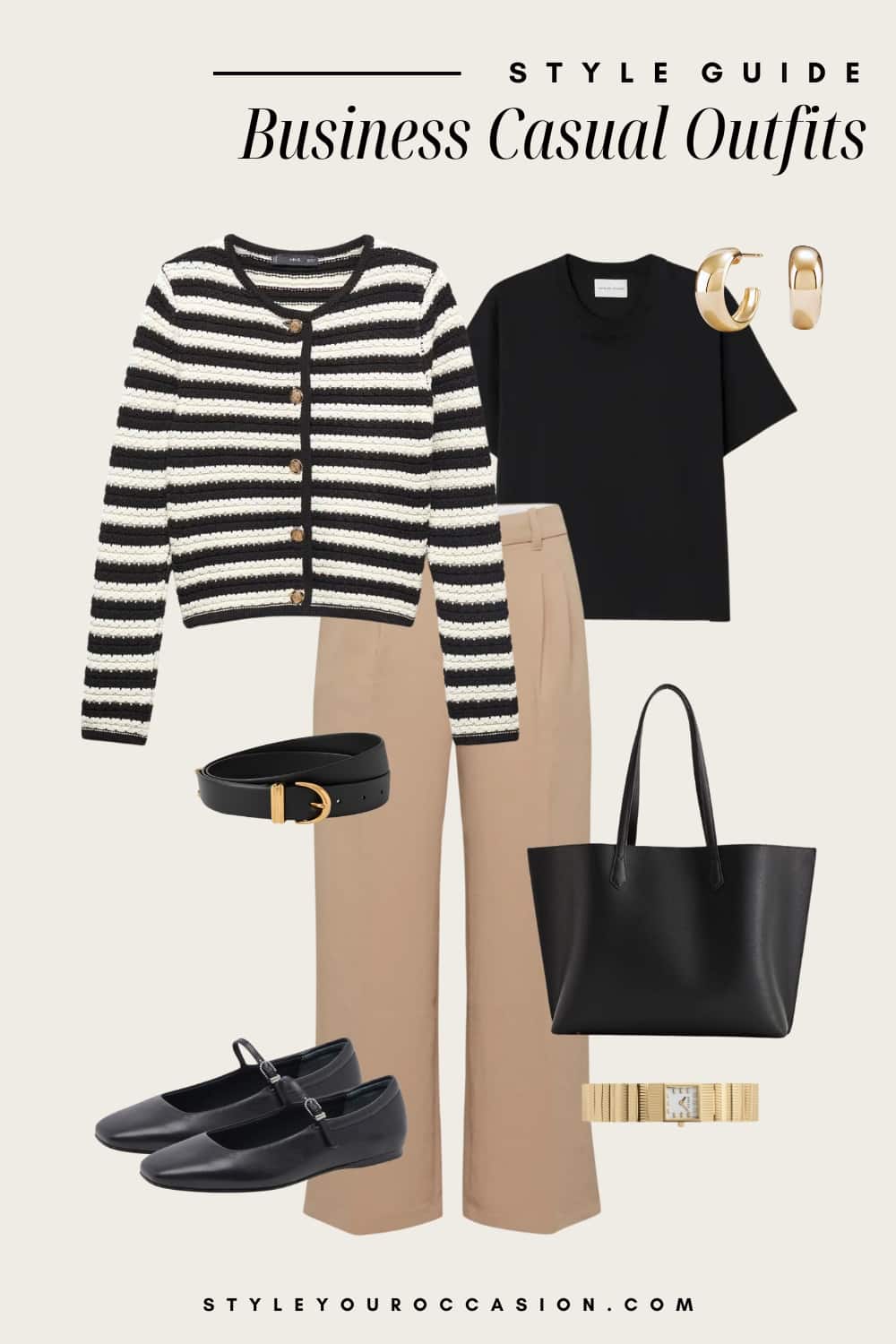 an image board of a business casual outfit featuring beige trousers, a black tee, a striped cardigan, black Mary Jane flats, and black and gold accessories
