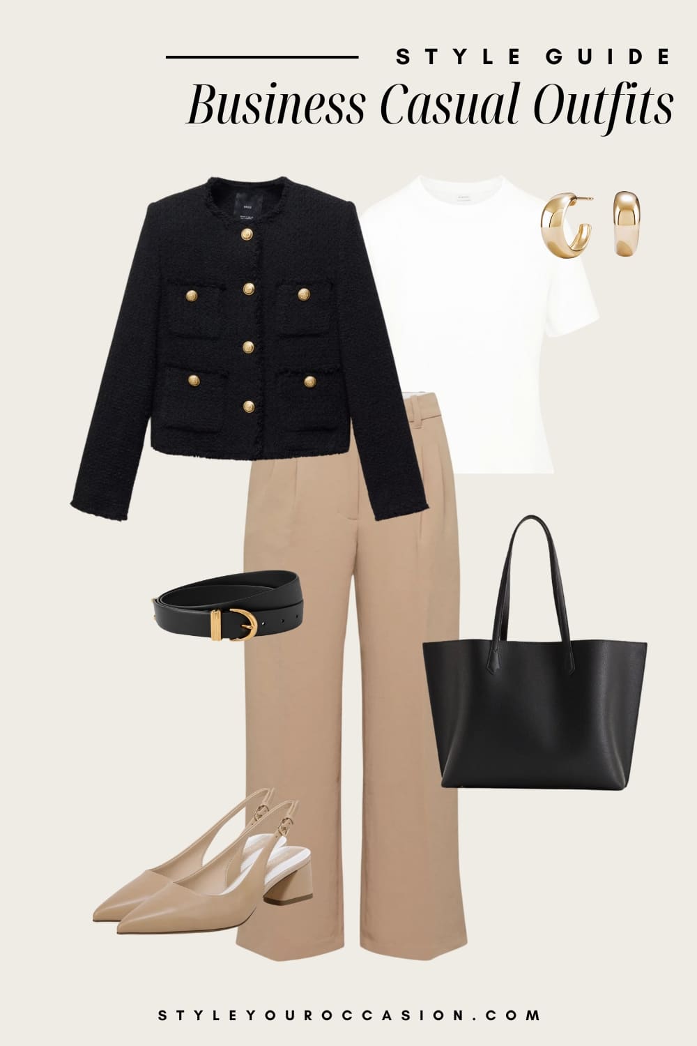 an image board of a business casual outfit featuring beige trousers, a black lady jacket, a white tee, black beige slingback heels, and black and gold accessories
