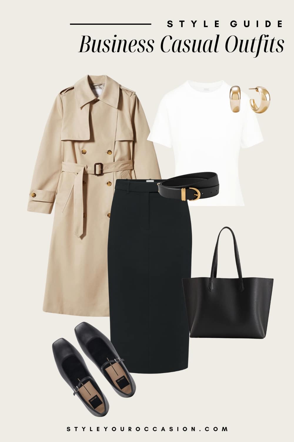an image board of a business casual outfit featuring a black midi pencil skirt, a white tee, a classic trench coat, black Mary Jane flats, and black and gold accessories