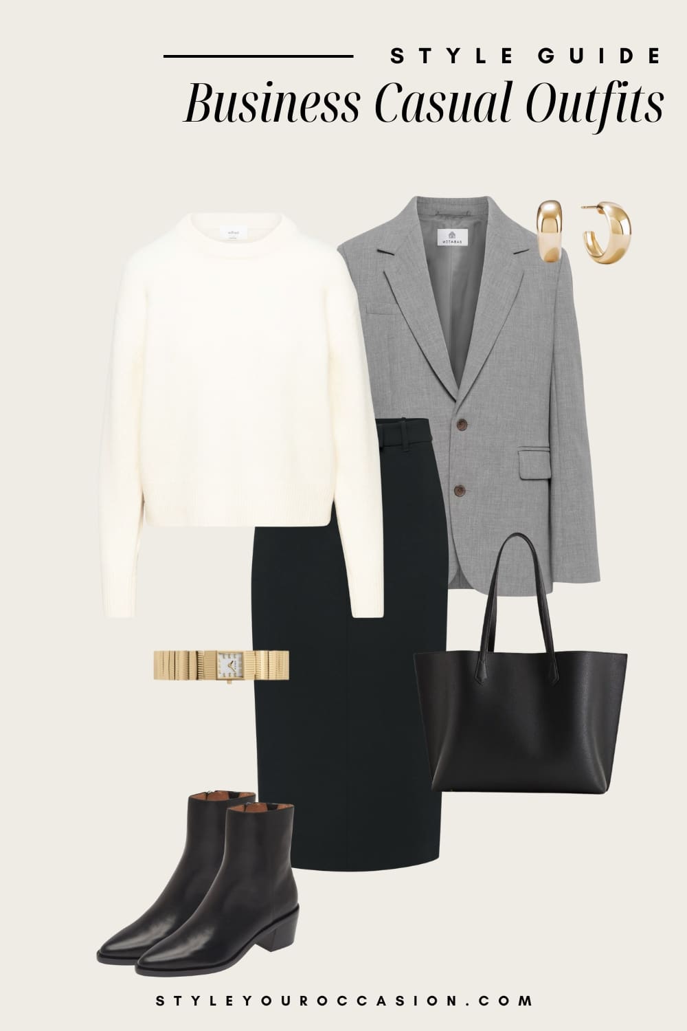 an image board of a business casual outfit featuring a black midi pencil skirt, a white crewneck sweater, a light grey blazer, black ankle boots, and black and gold accessories