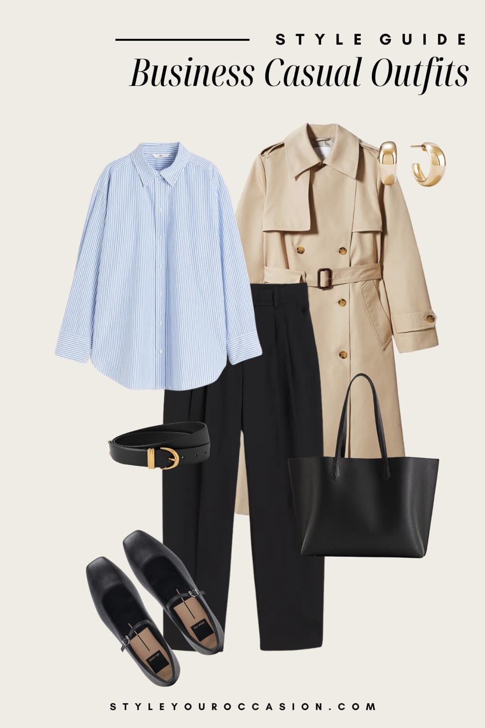 an image board of a business casual outfit featuring black pleated trousers, a light blue striped button-up, a classic trench coat, black Mary Jane flats, and black and gold accessories
