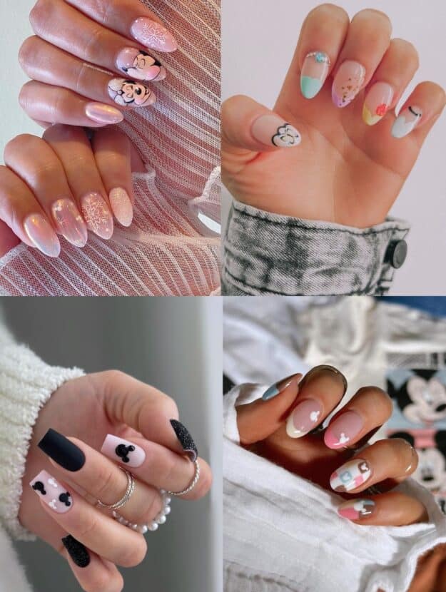 a collage of four images with hands with Disney nail designs including mickey mouse ears and Disney princesses