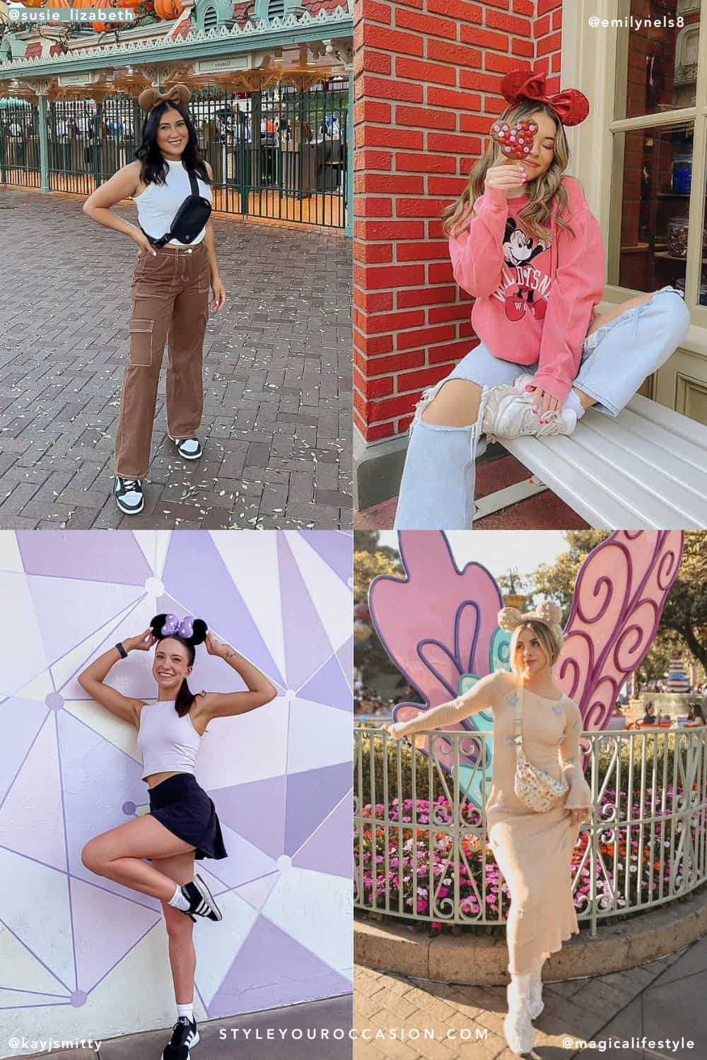 collage of four women wearing cute outfits at Disneyland