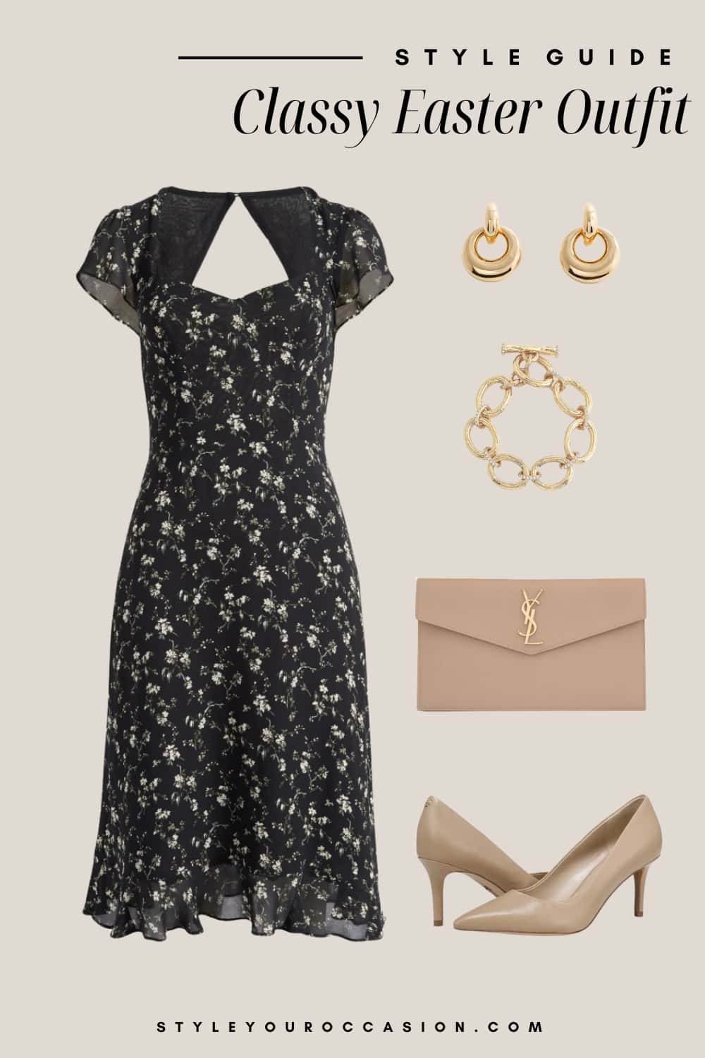 Flat lay graphic of black floral dress with nude pumps, a nude YSL pouch and gold jewelry.