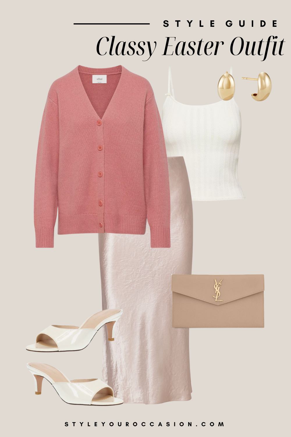 Flat lay graphic of a pale pink silk midi skirt, pink cardigan, white tank top, white kitten heels and gold accessories.