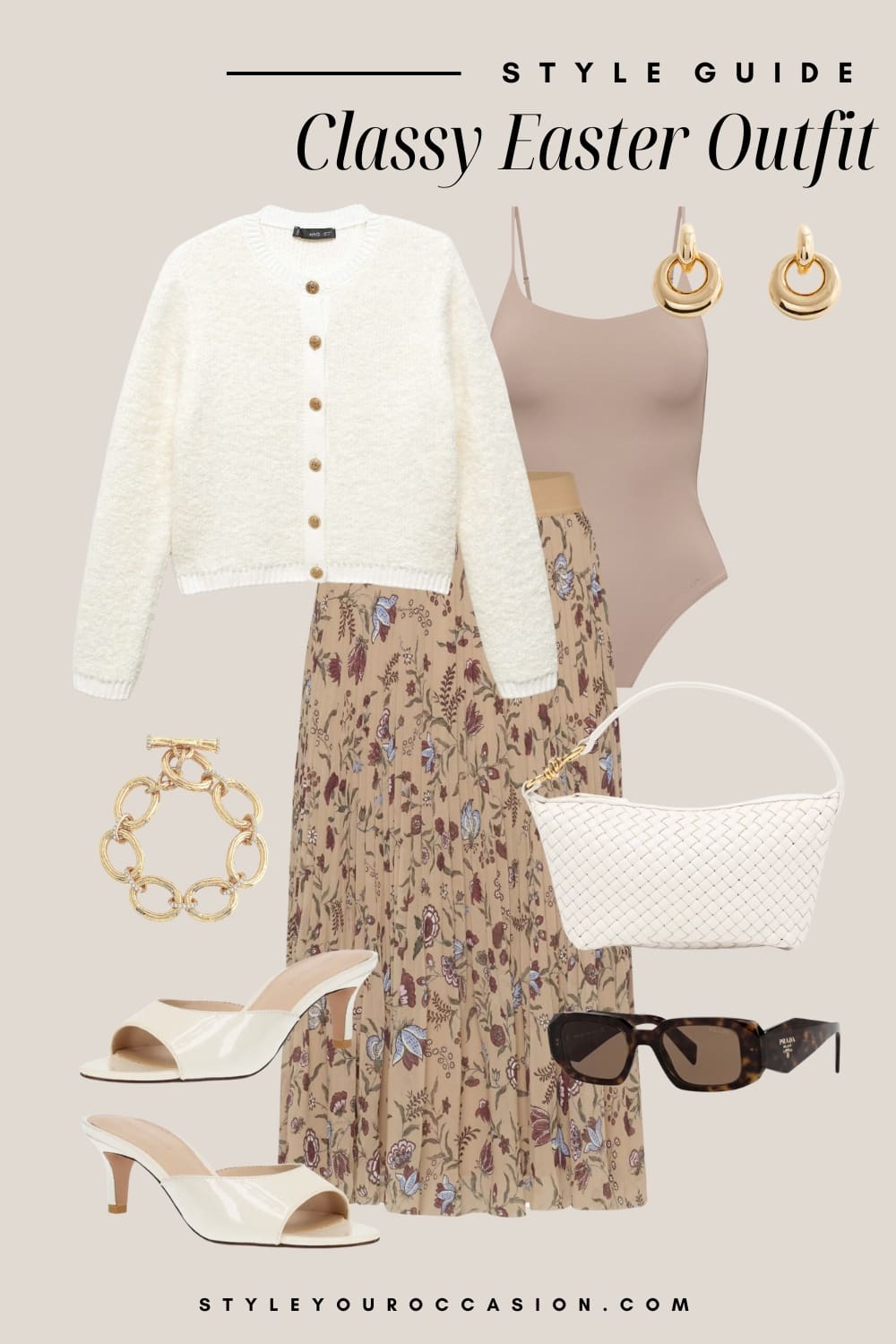 Flat lay graphic of a floral maxi skirt, tan bodysuit, white cardigan, white kitten heels and gold accessories.