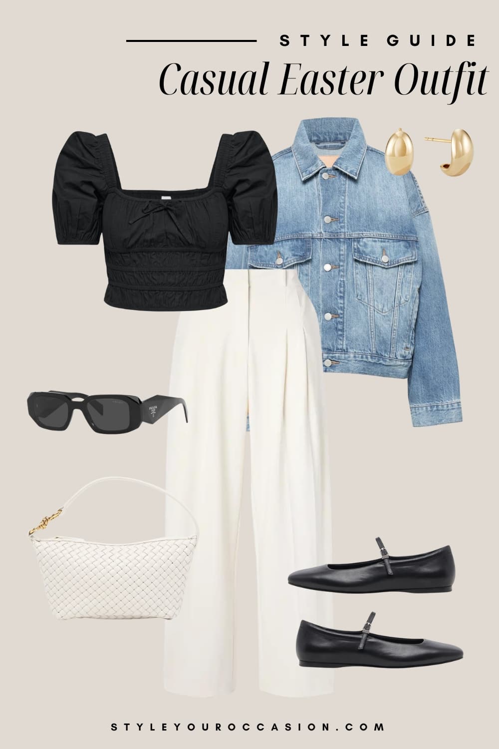 Flat lay graphic of white trousers, a black puff sleeve crop top, a denim jacket and black flats with white and black accessories. 
