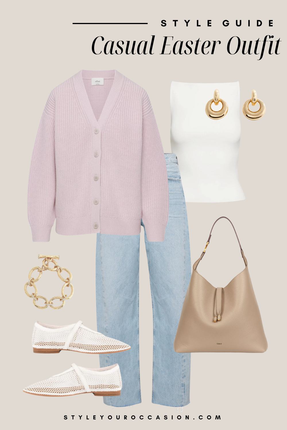 Flat lay graphic of light wash jeans, a white tank top, white mesh loafers, a mauve cardigan and tan accessories.