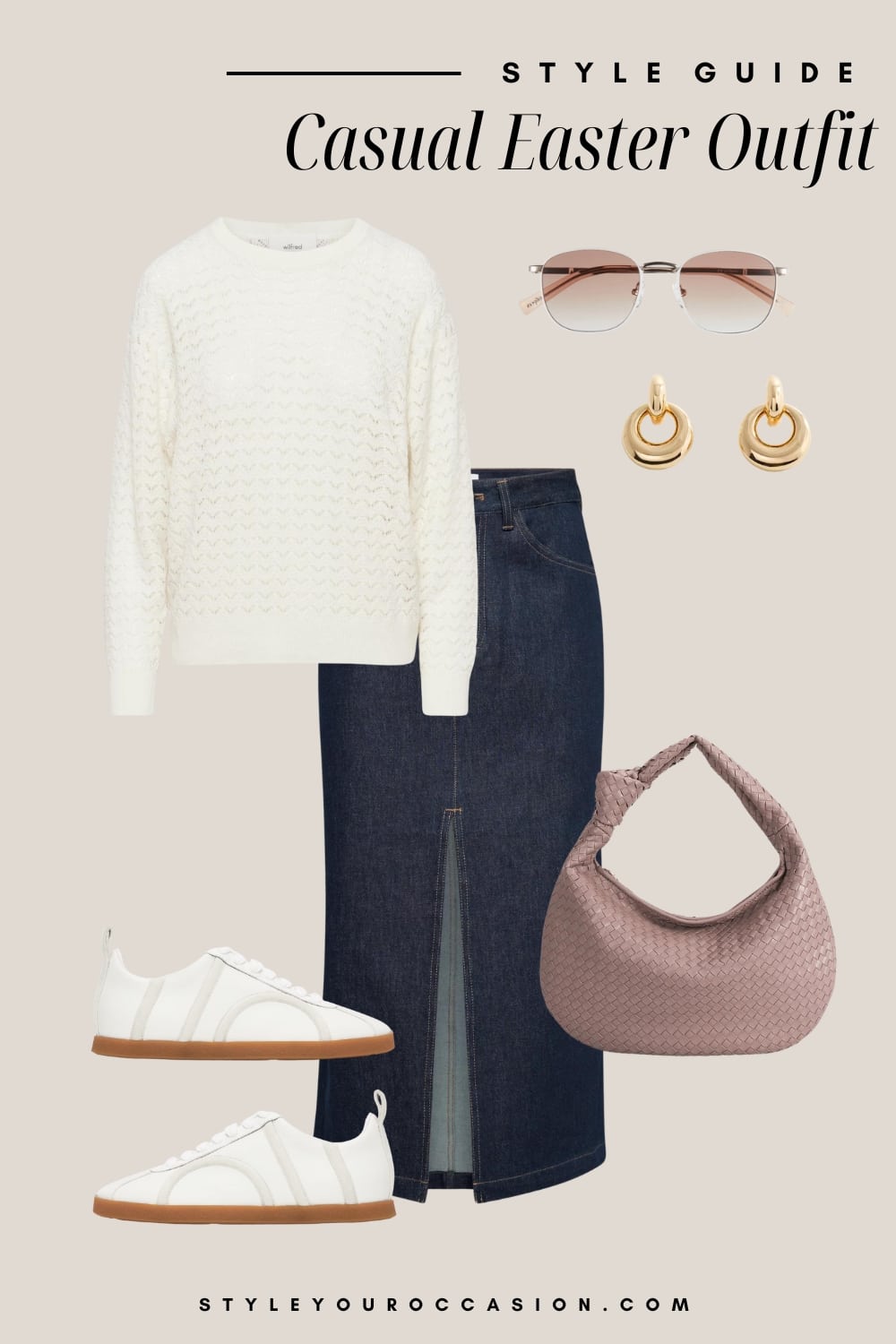 Flat lay graphic of a denim midid skirt, a white sweater, white sneakers, and a mauve purse.