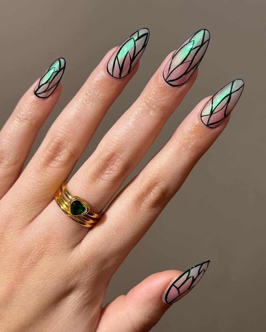 Long iridescent almond nails painted like butterfly wings