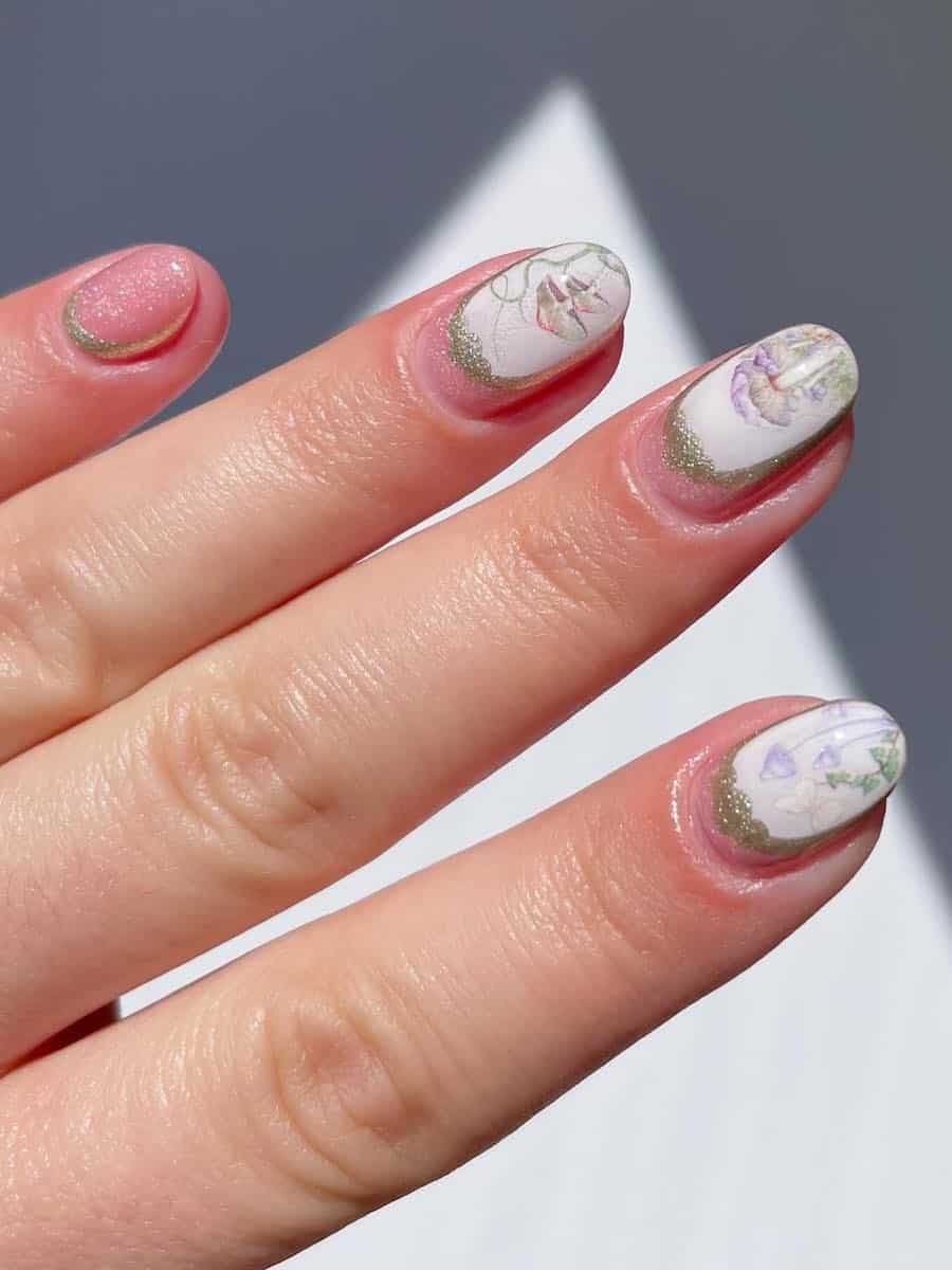 Short round nails painted in shimmering pink polish with white fairy core nail art on white polish