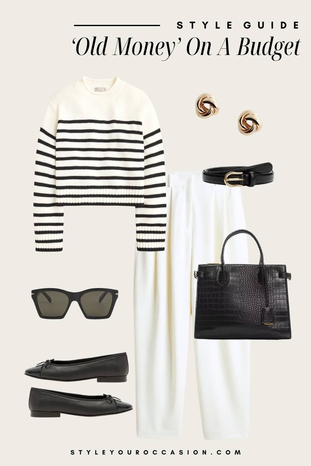 an image board of an old money outfit featuring white pleated pants, a striped white and black crewneck sweater, black cap toe ballet flats, and black and gold accessories