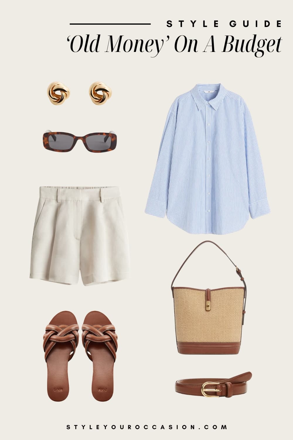 an image board of an old money outfit featuring pleated off-white shorts, a white and blue striped button-up, cognac leather sandals, and leather and gold accessories