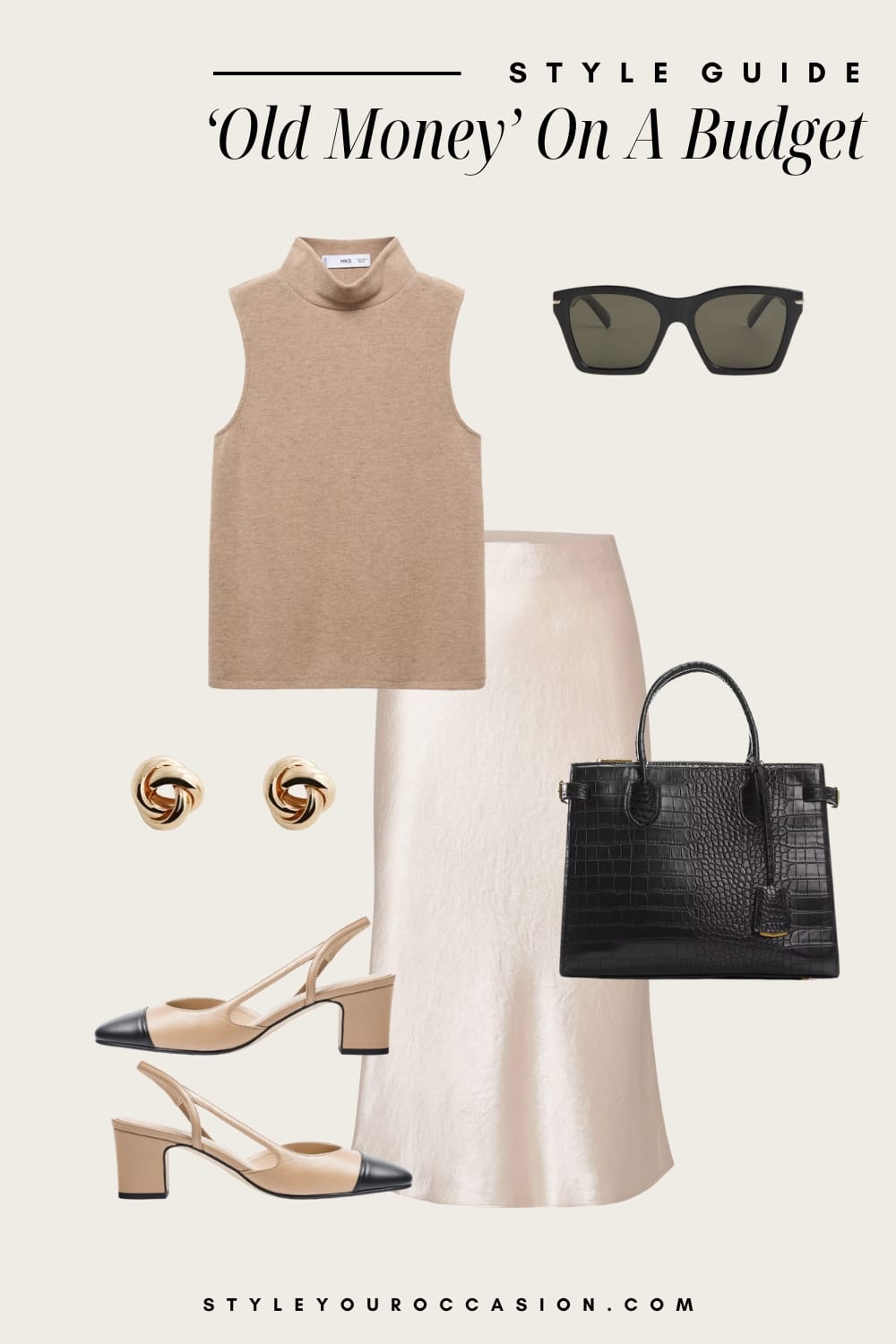 an image board of an old money outfit featuring a cream-colored satin midi skirt, a beige turtleneck sweater tank, black and beige cap toe block heels, and black and gold accessories