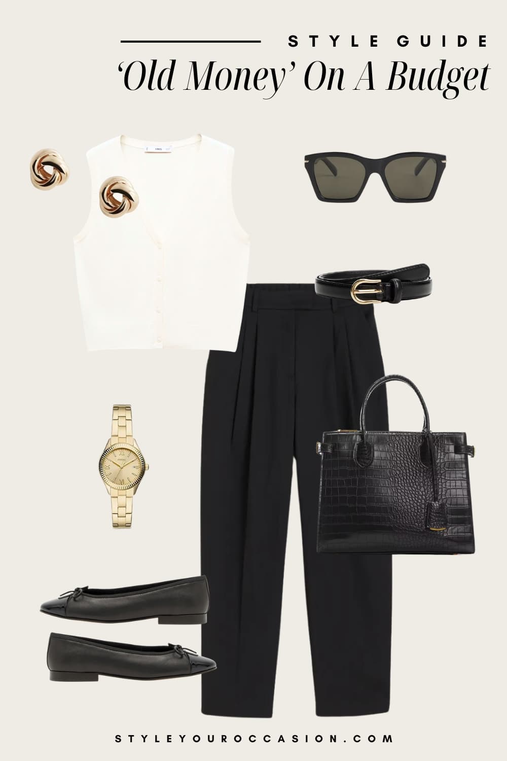 an image board of an old money outfit featuring black pleated pants, a white cardigan vest, black cap-toe ballet flats, and black and gold accessories