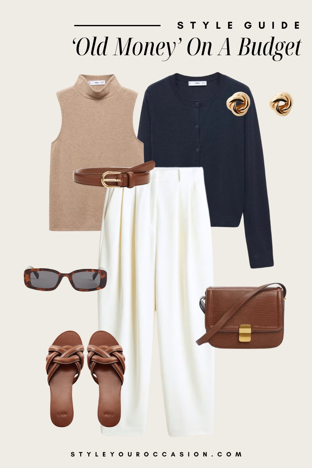an image board of an old money outfit featuring white pleated trousers, a beige turtleneck tank, a navy cardigan, cognac leather sandals, and leather and gold accessories