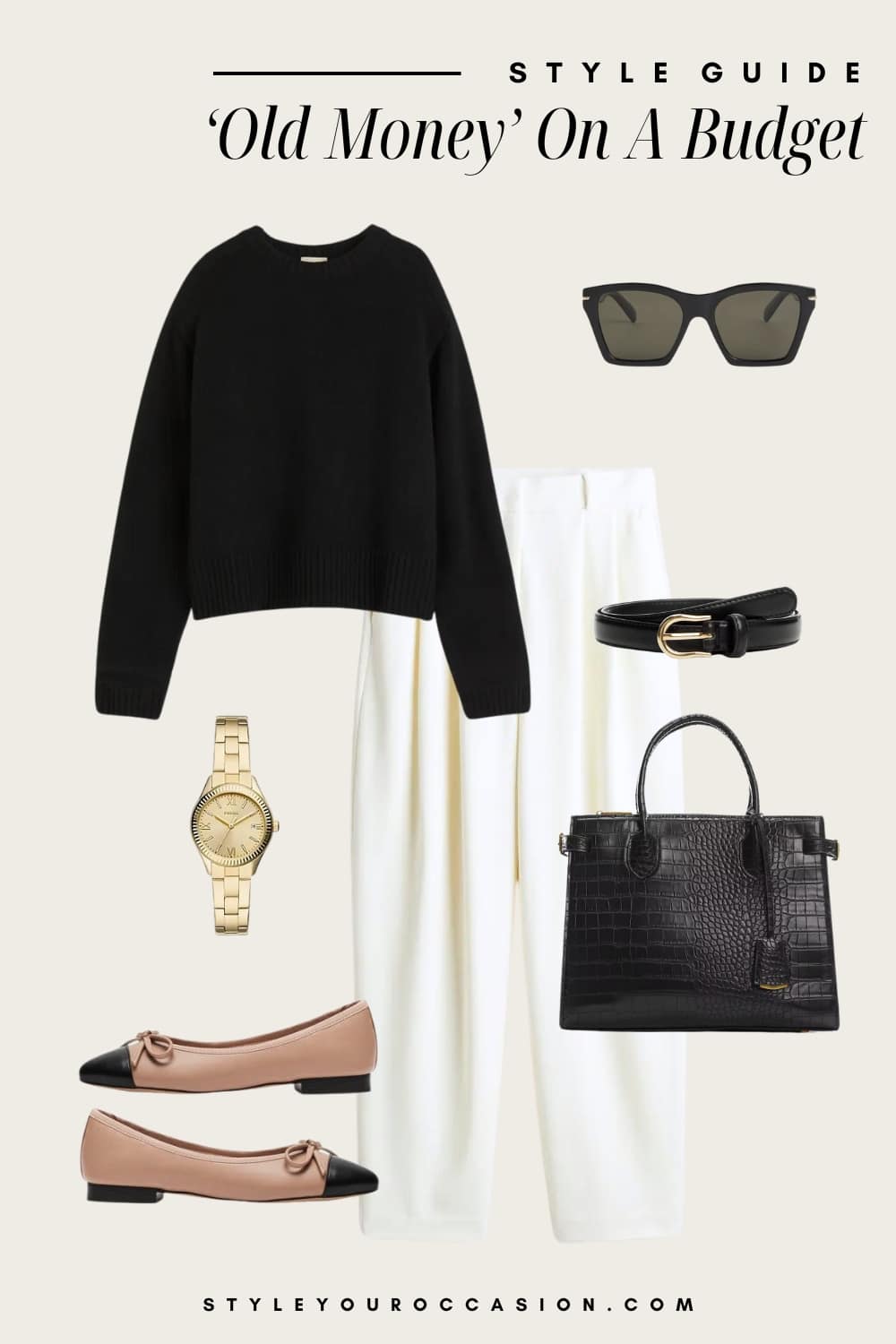 an image board of an old money outfit featuring pleated white pants, a black crewneck sweater, cap toe black and tan ballet flats, and black and gold accessories
